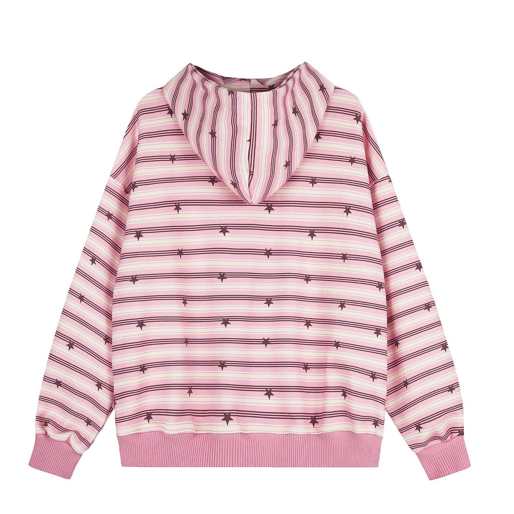 Striped Star Embroidered Patch Hooded Open Front Oversized Casual Sweatshirt Jacket Unisex