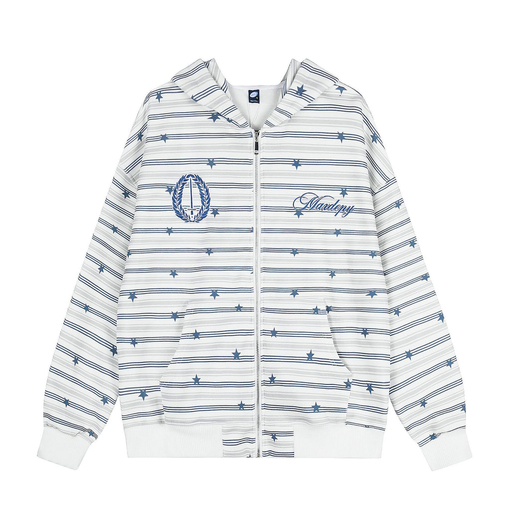 Striped Star Embroidered Patch Hooded Open Front Oversized Casual Sweatshirt Jacket Unisex