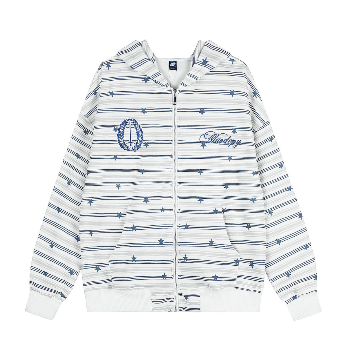 Striped Star Embroidered Patch Hooded Open Front Oversized Casual Sweatshirt Jacket Unisex