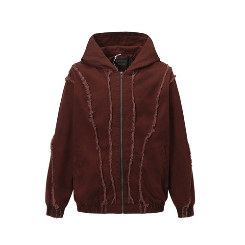Cargo Jacket Hooded Zipper Loose Fit Deconstructed 3D Patchwork Raw Edge Open Front