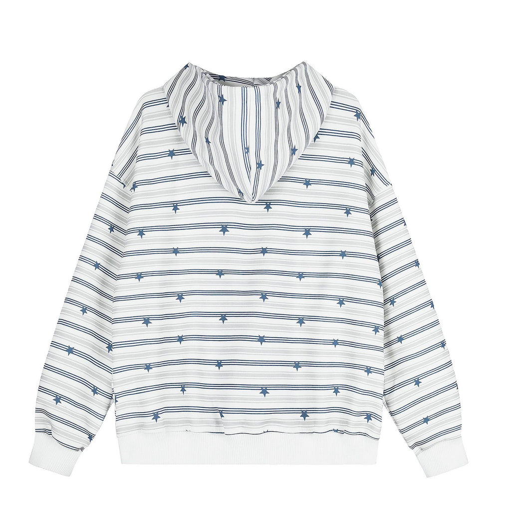 Striped Star Embroidered Patch Hooded Open Front Oversized Casual Sweatshirt Jacket Unisex